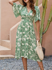 Printed V-Neck Flutter Sleeve Midi Dress OutfitFlow