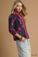 Umgee Floral Print Ruffle Trim Puff Sleeve Blouse Trendsi