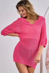 BiBi Short Sleeve Collared Knit Top FUCHSIA OutfitFlow