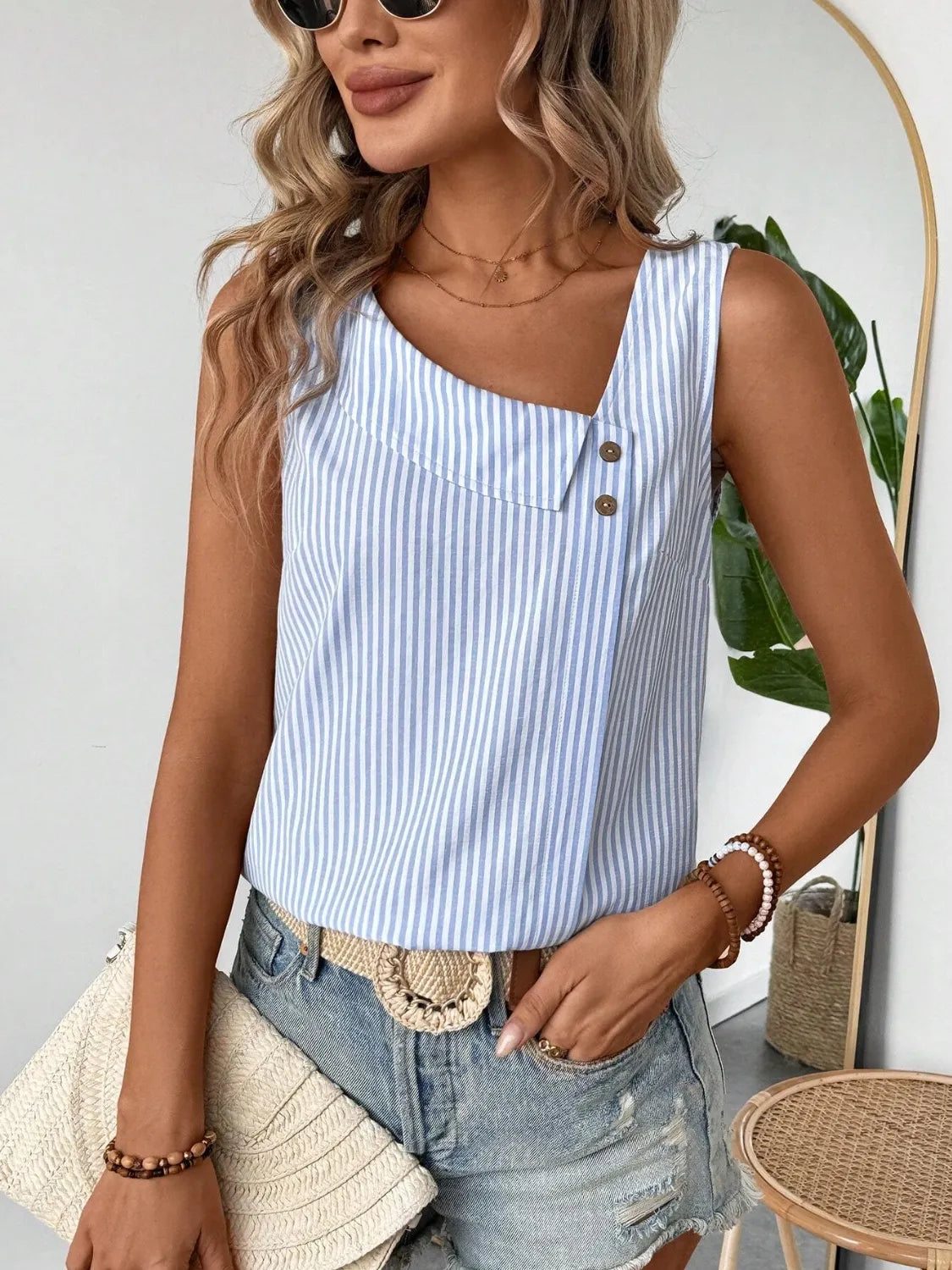 Decorative Button Asymmetrical Striped Tank OutfitFlow