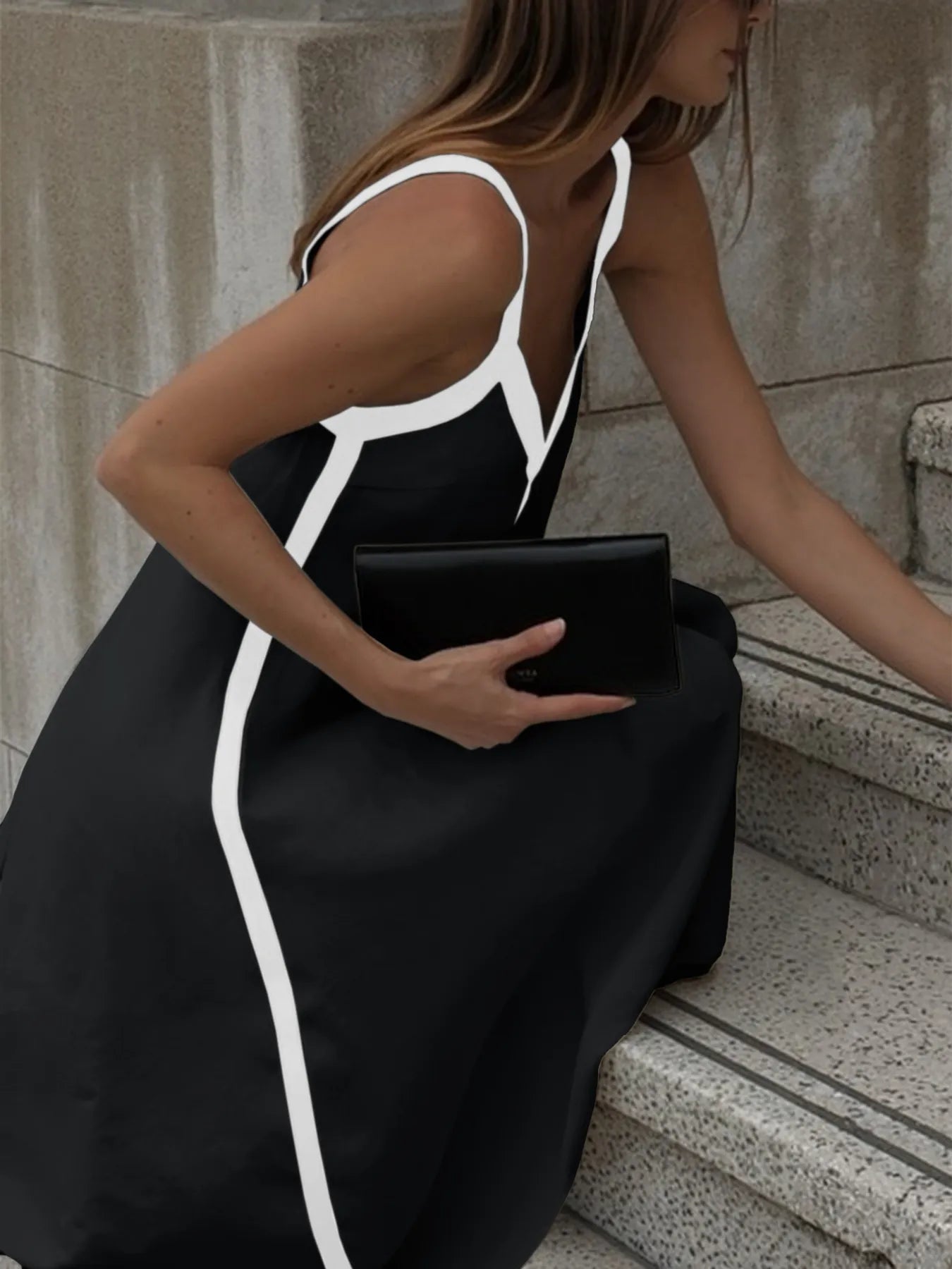 Contrast Trim V-Neck Maxi Dress OutfitFlow