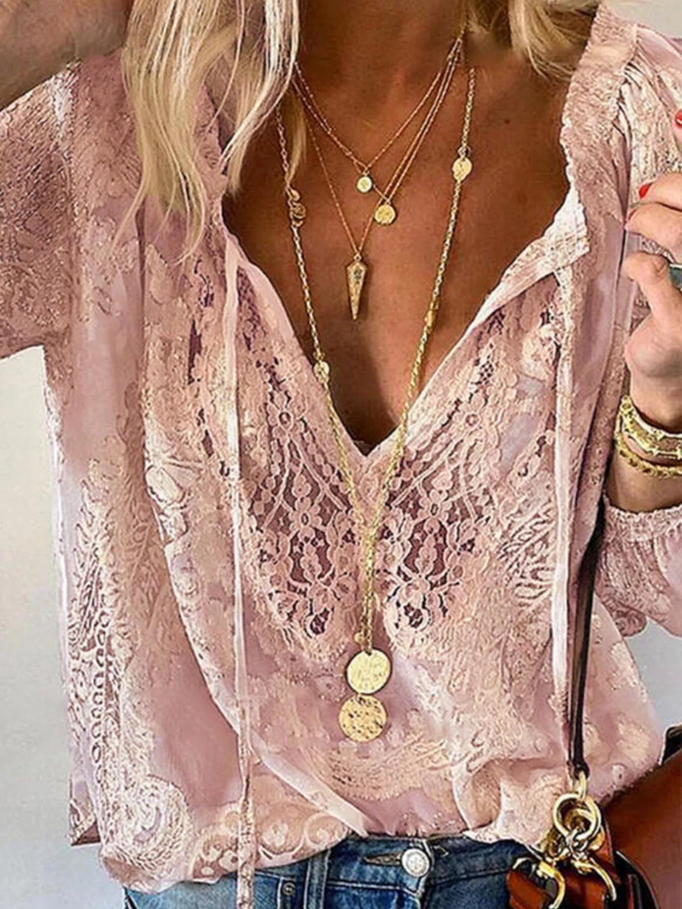 Lace Tie-Neck Blouse Pink Trendsi
