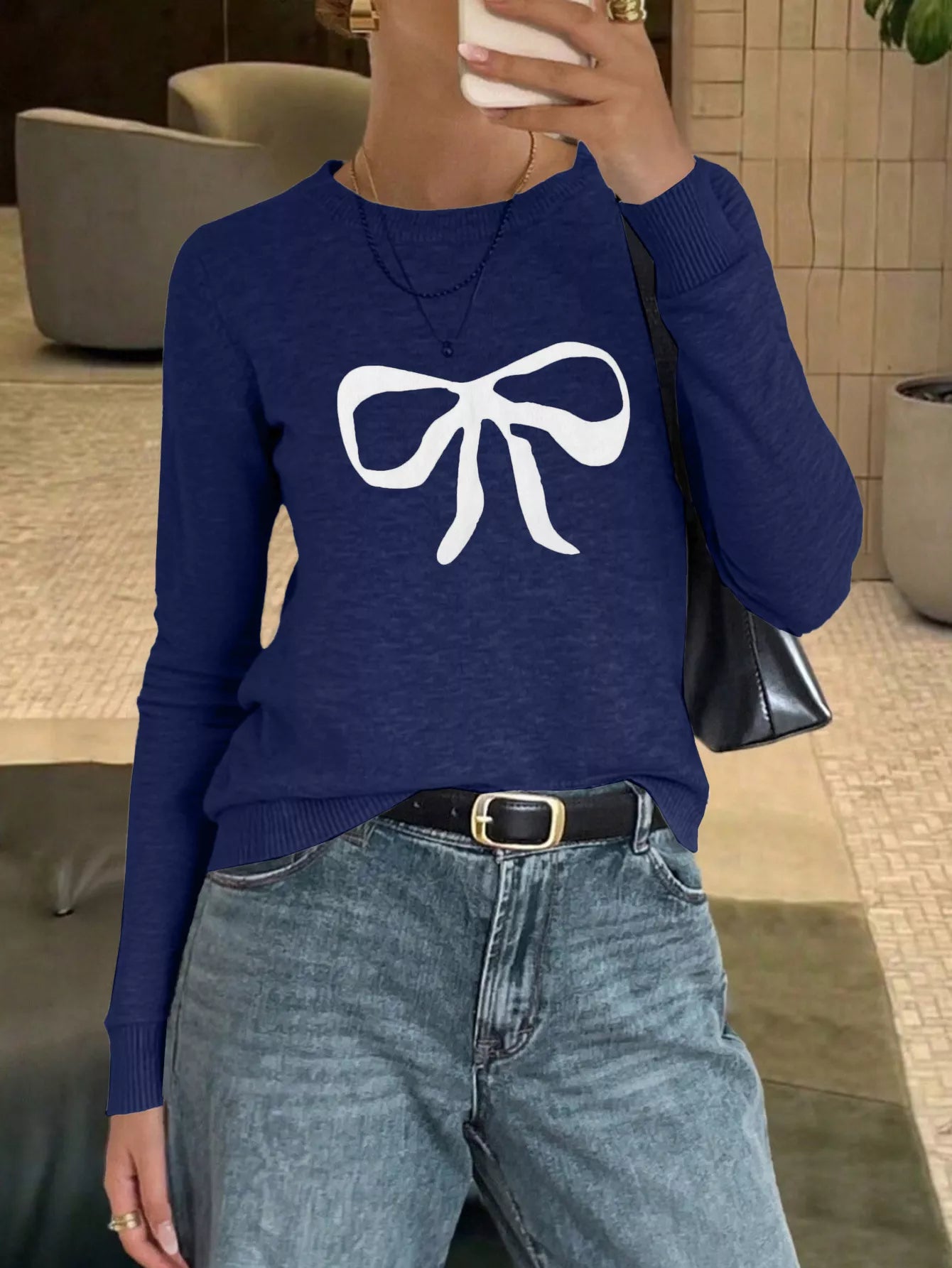 Bow Round Neck Knit Top OutfitFlow