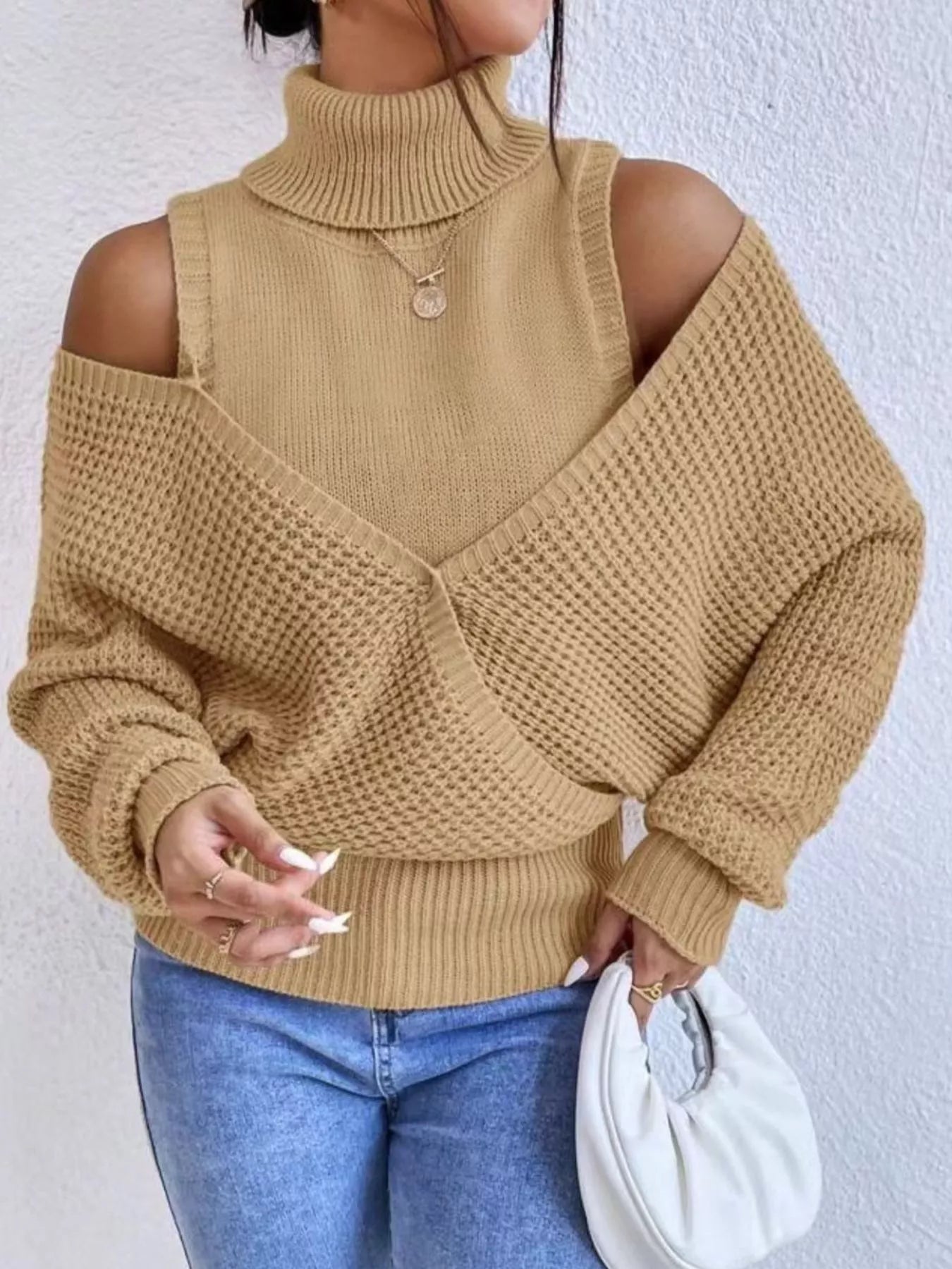 Waffle Knit Cold Shoulder Turtleneck Sweater Camel OutfitFlow