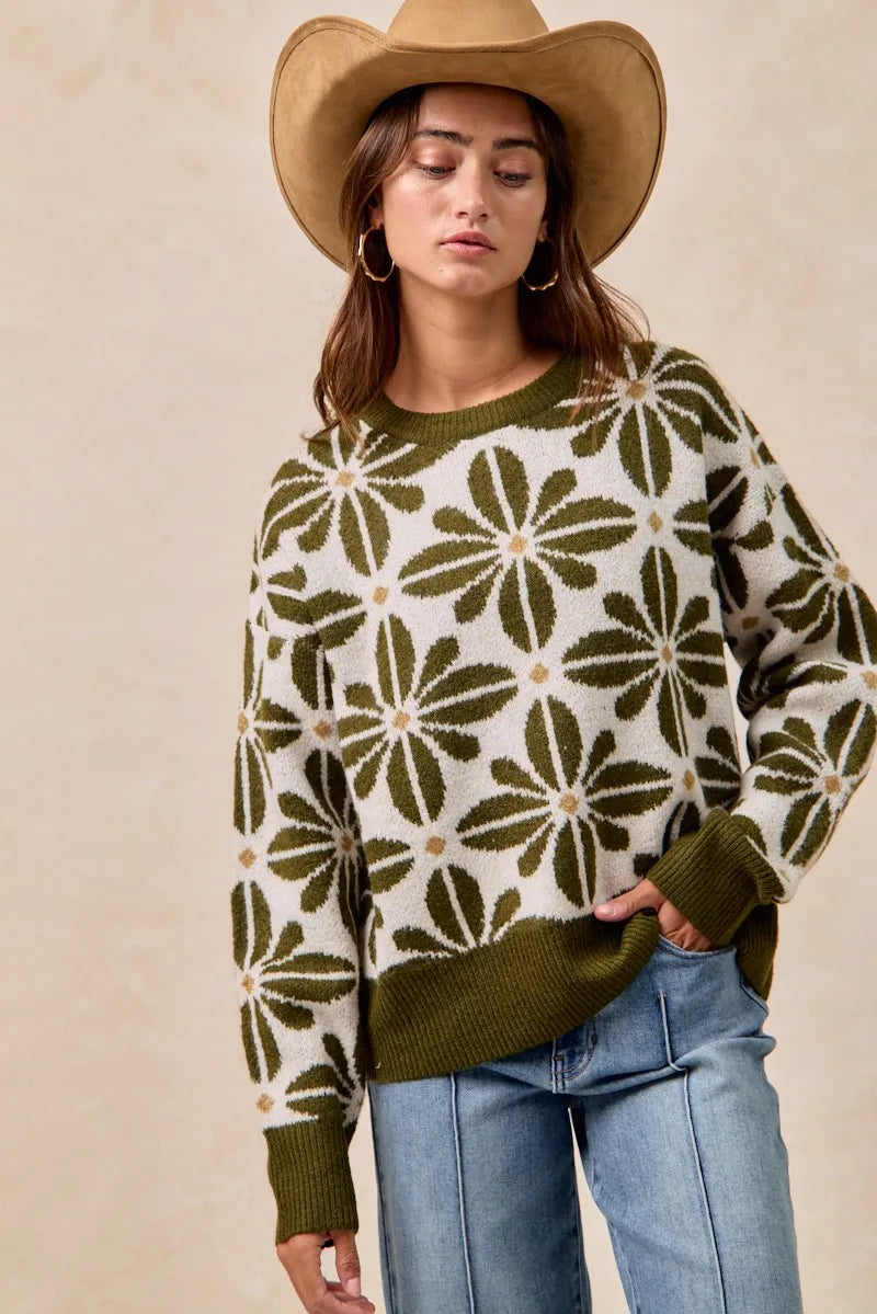 BiBi Flower Pattern Long Sleeve Sweater OutfitFlow