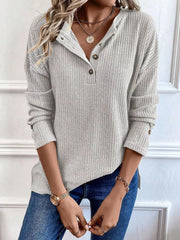 Ribbed Knit Button Detail Long Sleeve T-Shirt Light Gray OutfitFlow
