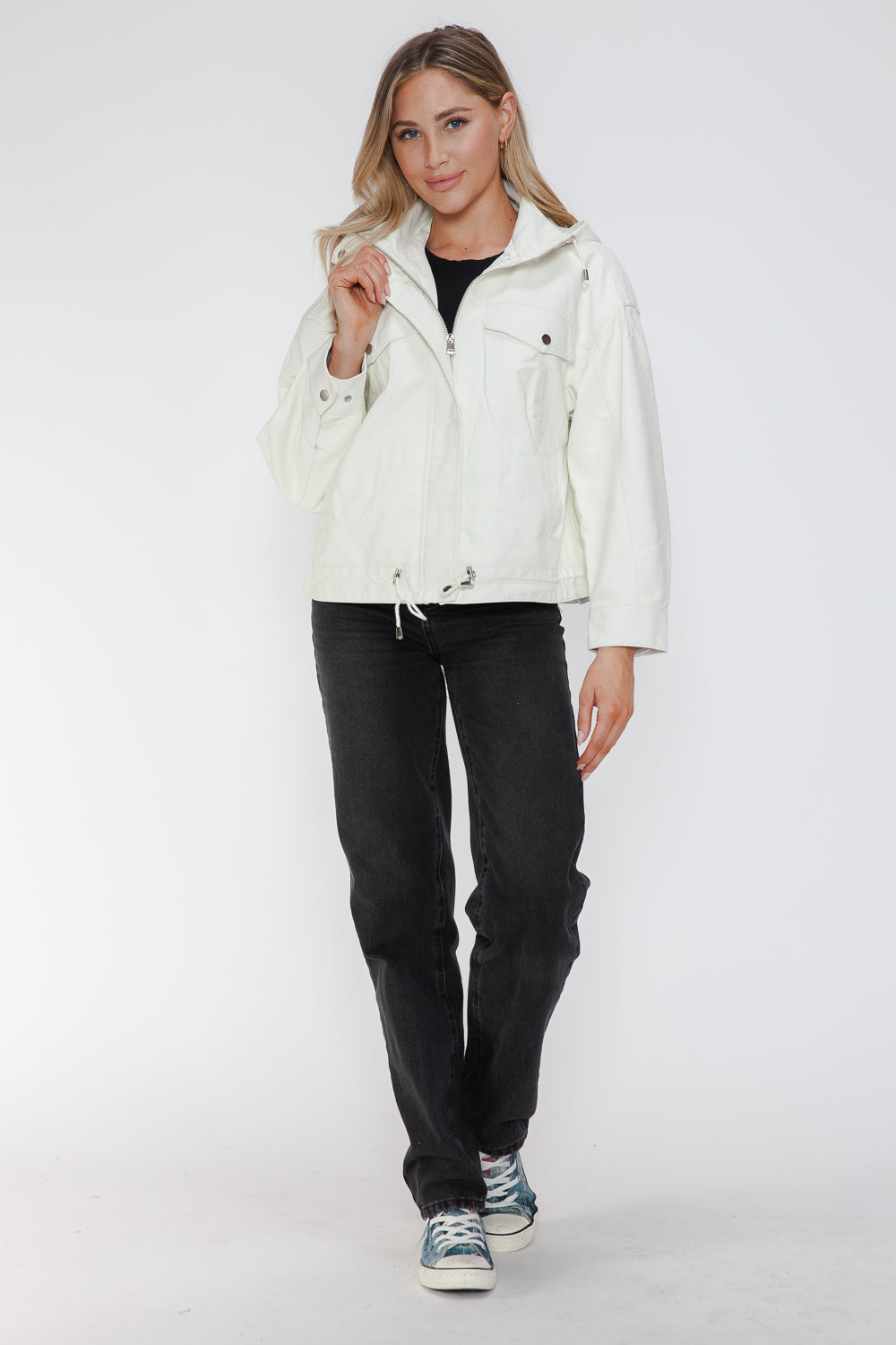 Outfit Flow - How Dare U Drawstring Hem PU Leather Zip Up Jacket