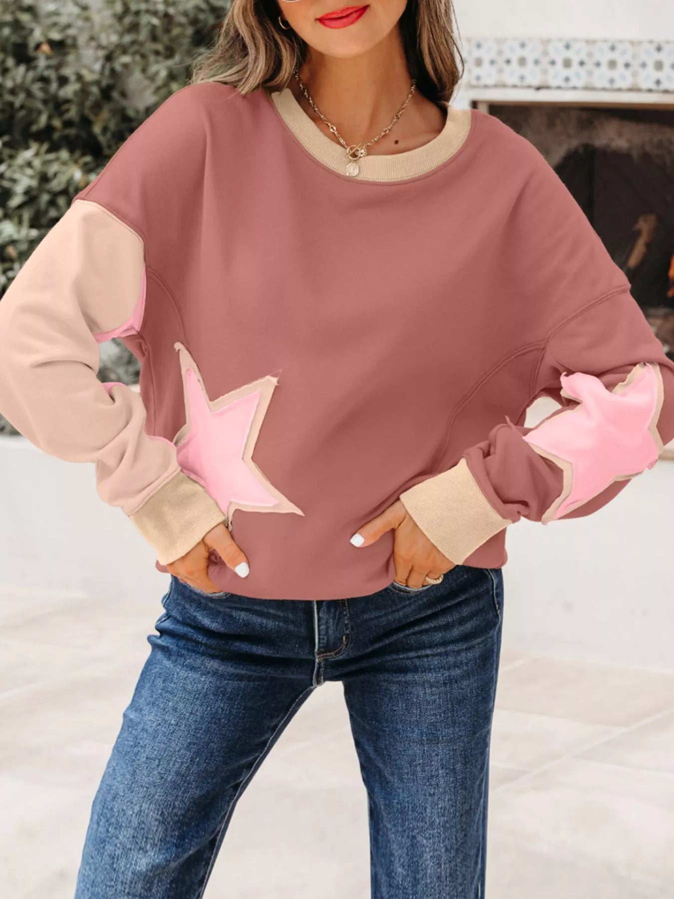 Contrast Star Patchwork Exposed Seam Uneven Hem Drop Shoulder Sweatshirt Dusty Pink OutfitFlow