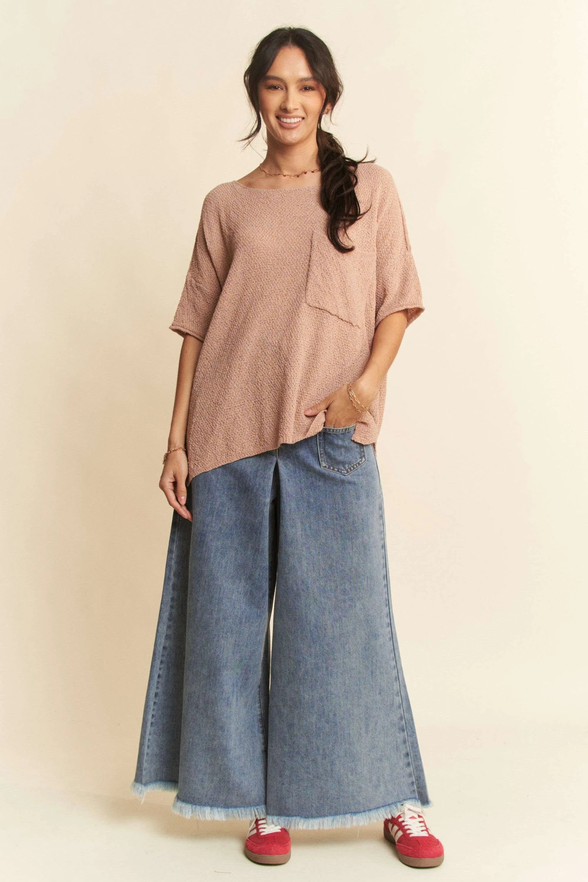 Davi & Dani Patch Pocket Wide Leg Culotte Jeans OutfitFlow