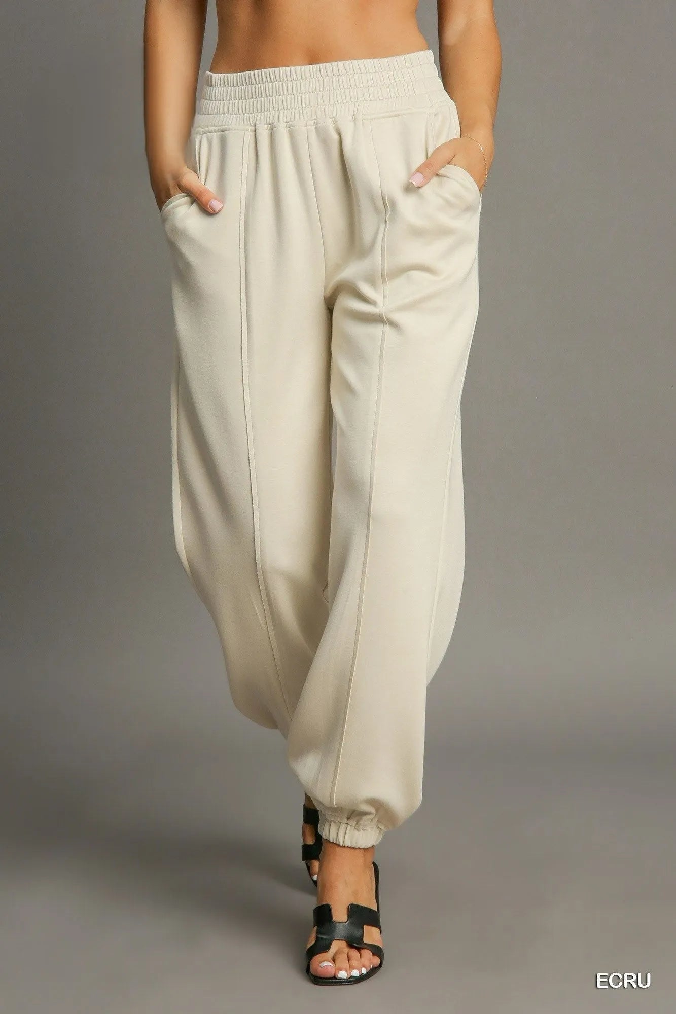 Umgee Drawstring Jogger Pants with Front Seam Detail ECRU OutfitFlow