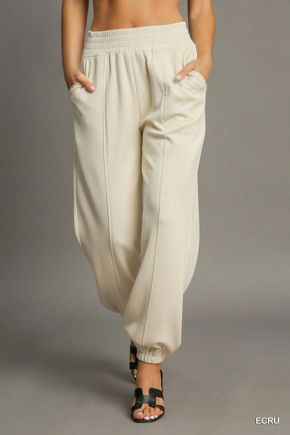 Umgee Drawstring Jogger Pants with Front Seam Detail ECRU OutfitFlow