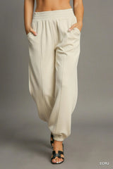 Umgee Drawstring Jogger Pants with Front Seam Detail ECRU OutfitFlow
