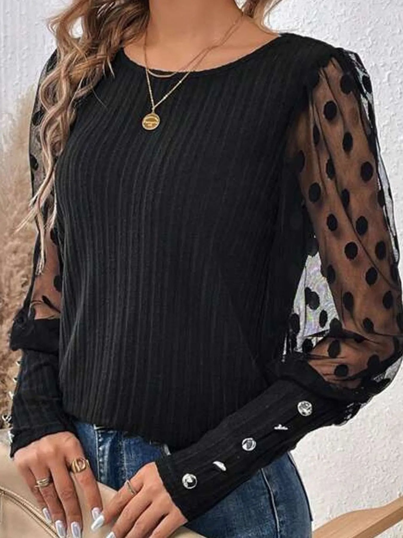 Polka Dot Sheer Sleeve Blouse OutfitFlow