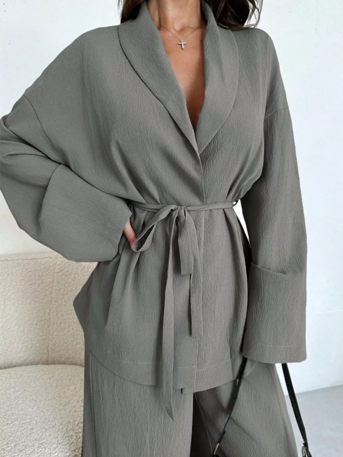 Front Tied Shirt and Wide-Leg Pants Set OutfitFlow
