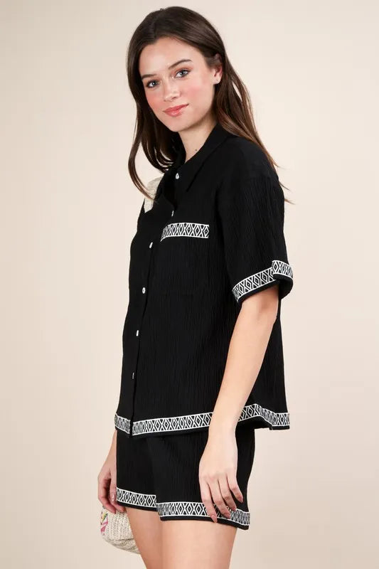 VERY J Crinkled Woven Shirt Top & Shorts Set OutfitFlow