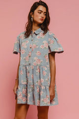 BiBi Floral Print Washed Lightweight Tiered Shirt Dress OutfitFlow