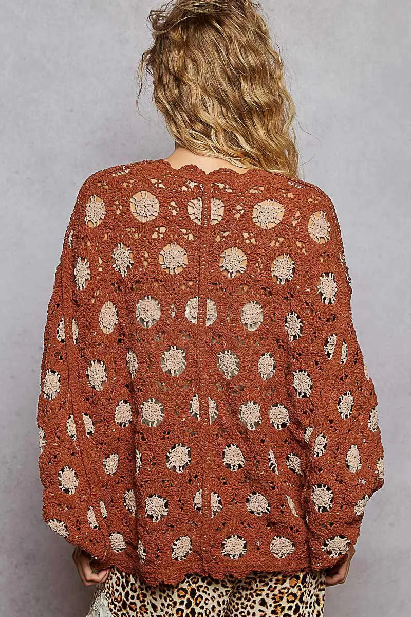 POL Openwork V-Neck Chenille Cardigan with Contrast Floral OutfitFlow