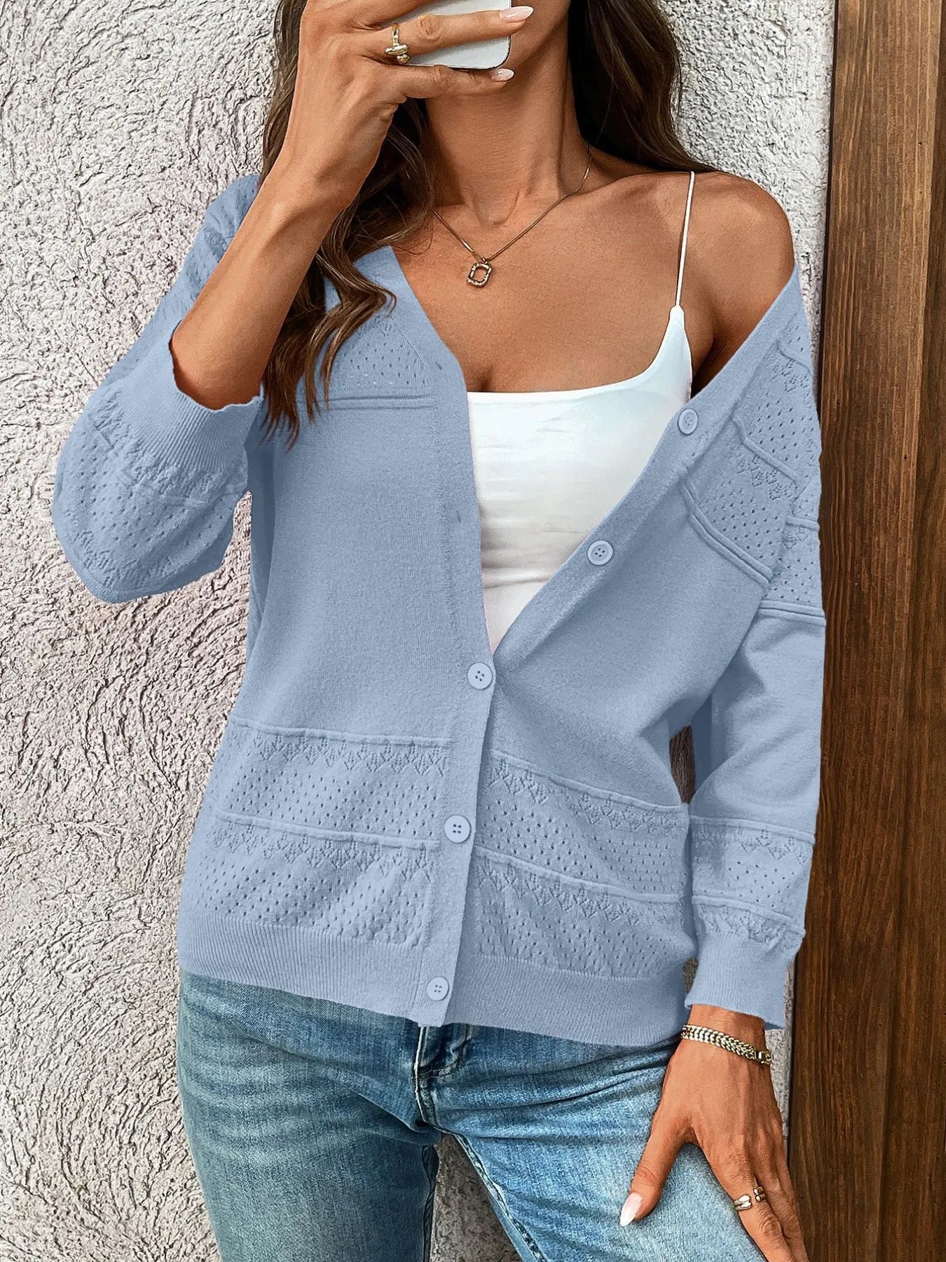 Textured Button-Front Cardigan with 3/4 Sleeves OutfitFlow