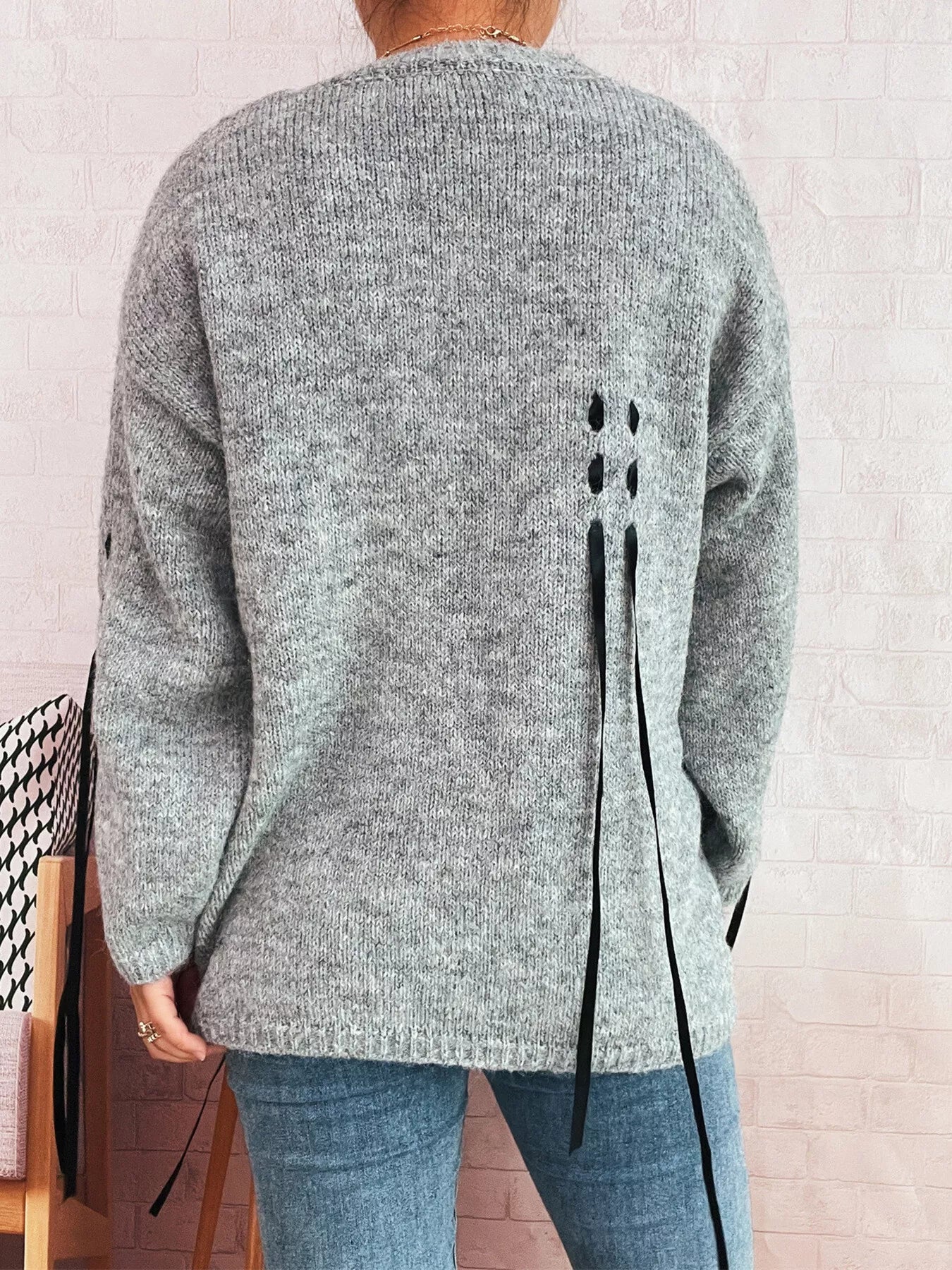 Round Neck Long Sleeve Sweater with Ribbon Details OutfitFlow