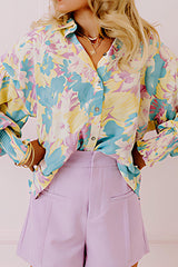 Printed Button Down Lantern Sleeve Shirt OutfitFlow