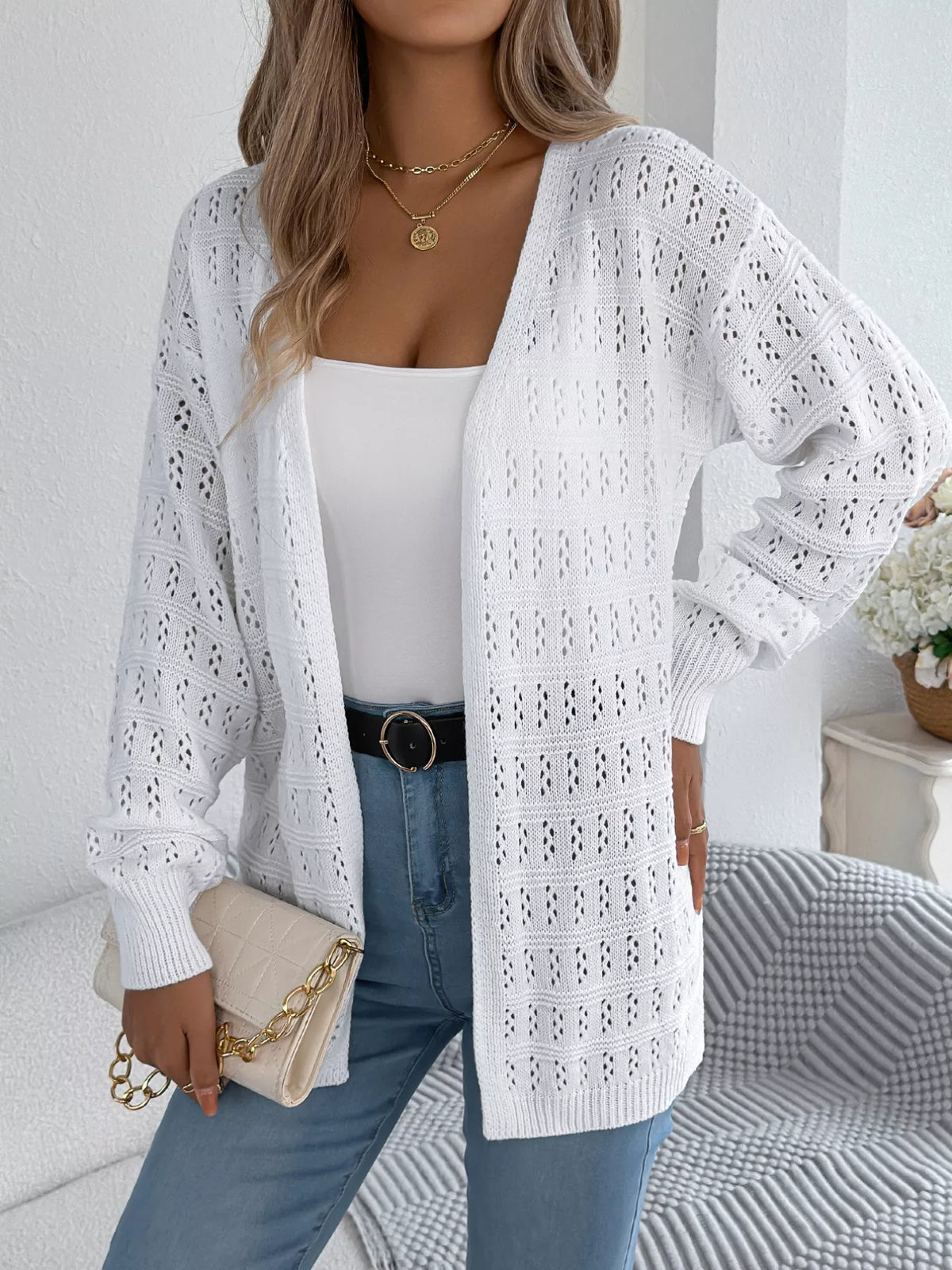 Open-Front Crochet Knit Cardigan White OutfitFlow