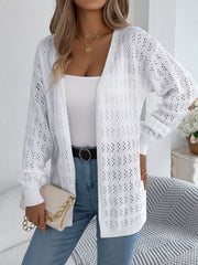 Open-Front Crochet Knit Cardigan White OutfitFlow