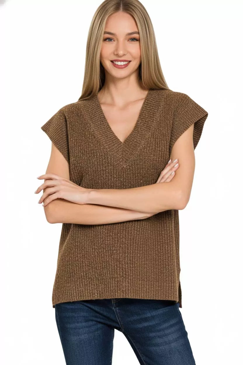 Zenana Ribbed Slit V-Neck Sweater Vest OutfitFlow