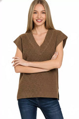 Zenana Ribbed Slit V-Neck Sweater Vest OutfitFlow