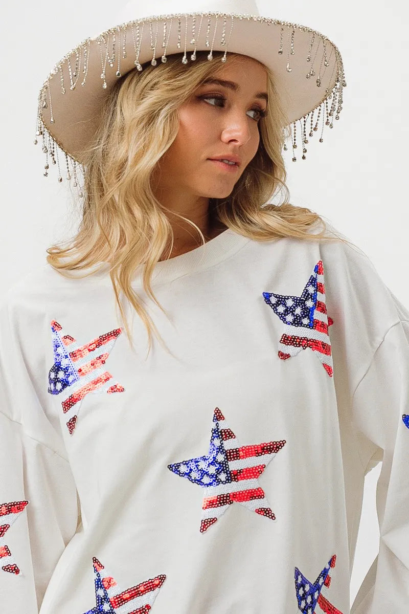 BiBi American Flag Sequin Star Sweatshirt OutfitFlow