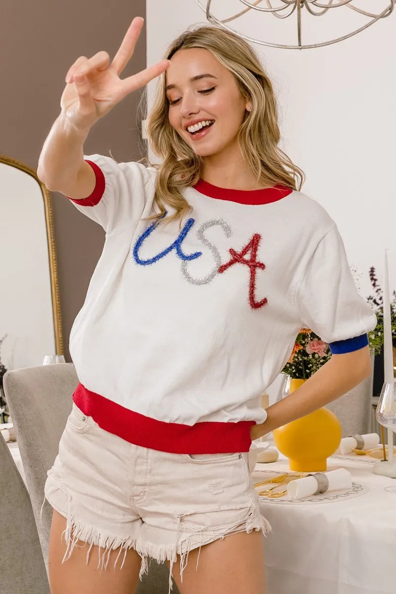 BiBi USA Metallic Letter Color Block Knit Top OutfitFlow