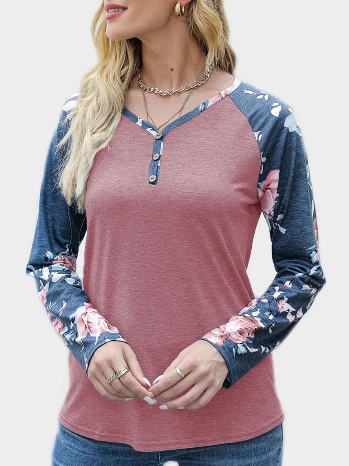 Outfit Flow - V-Neck Floral Long Sleeve T-Shirt