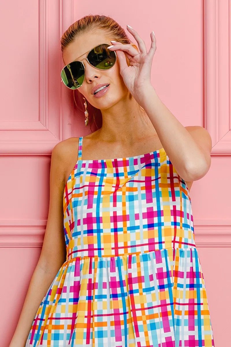 BiBi Multi Colors Plaid Sleeveless Sun Dress OutfitFlow