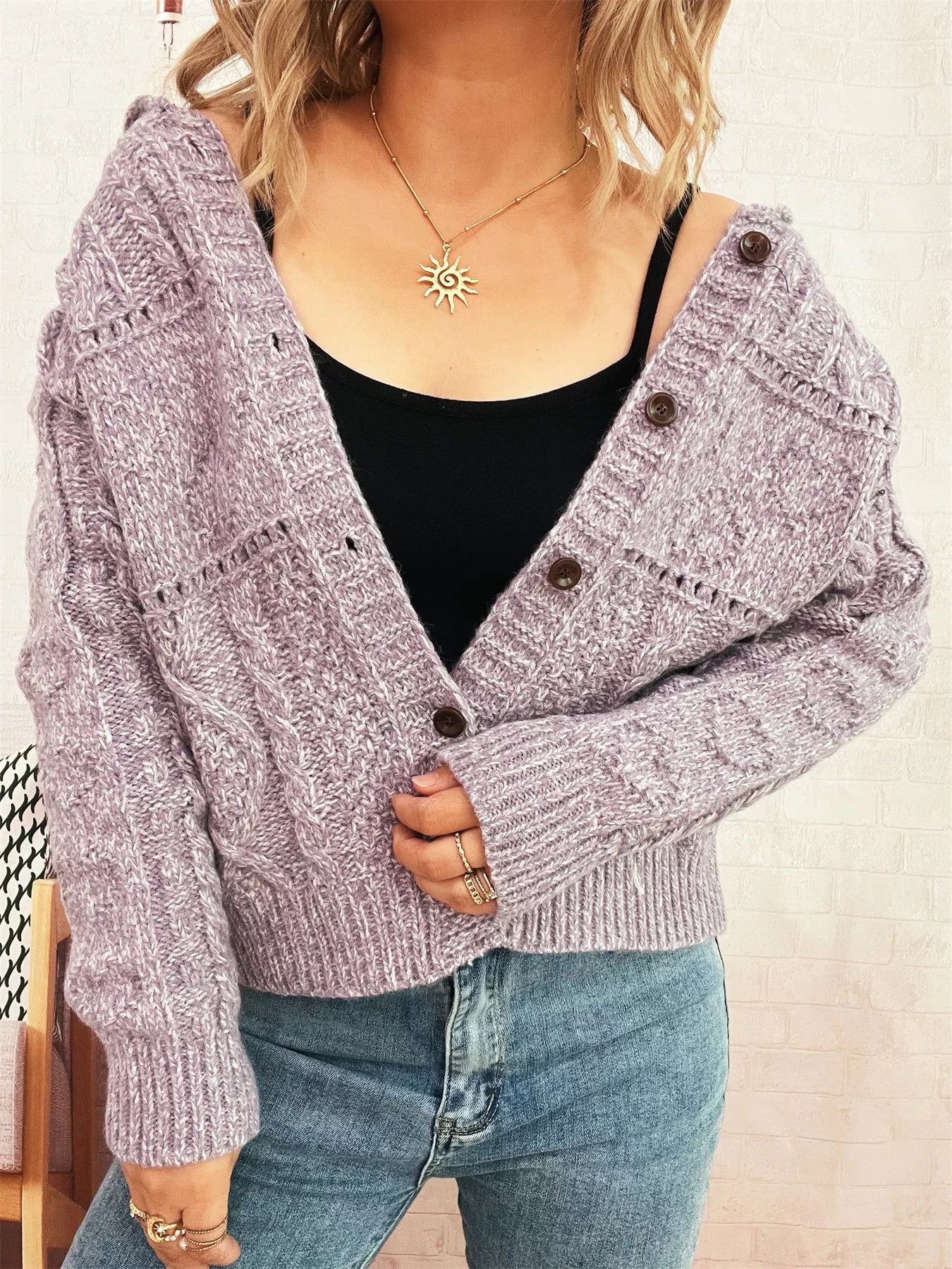 Openwork Cable Knit Button-Up Cardigan OutfitFlow