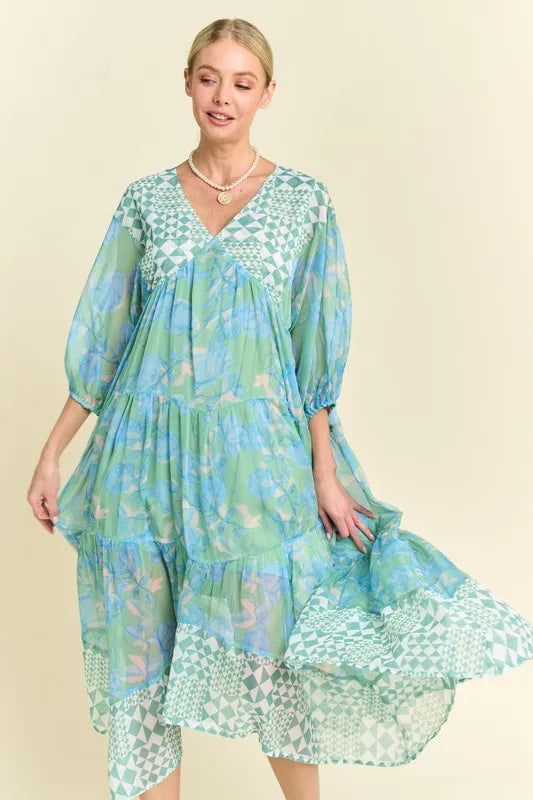 Davi & Dani Geo and Floral Print Mixed Tiered Dress OutfitFlow