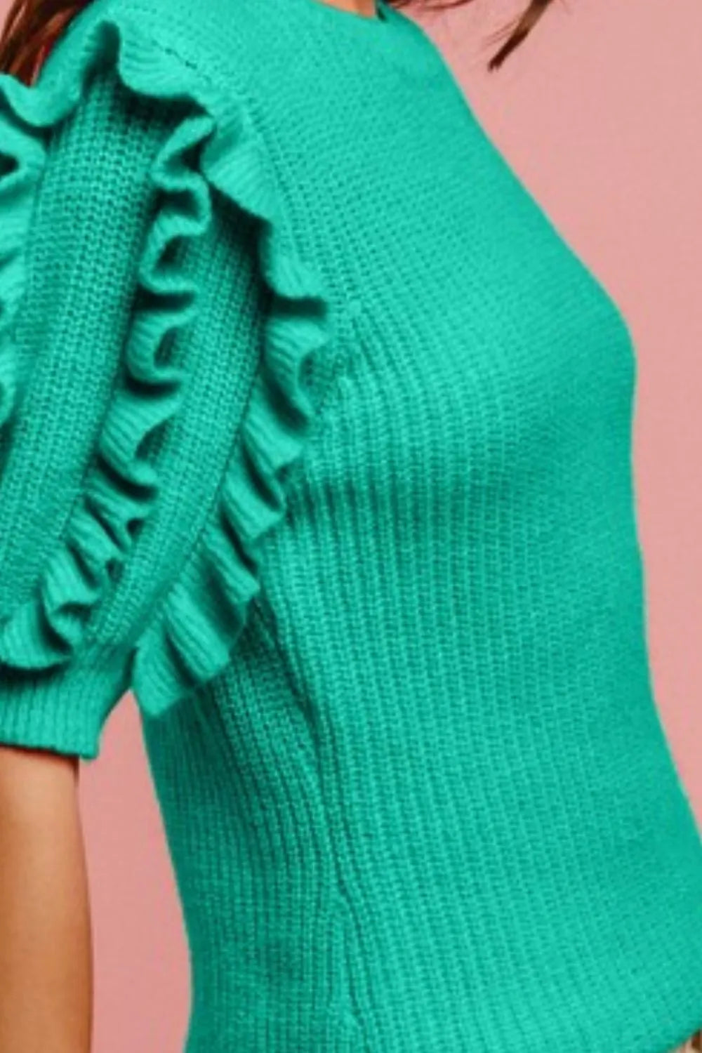 BiBi Solid Knit Ruffled Sleeves Top OutfitFlow