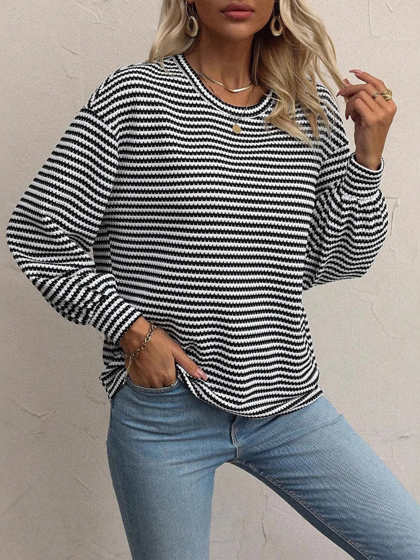 Striped Round Neck Lantern Sleeve Top OutfitFlow
