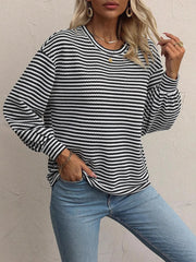 Striped Round Neck Lantern Sleeve Top OutfitFlow