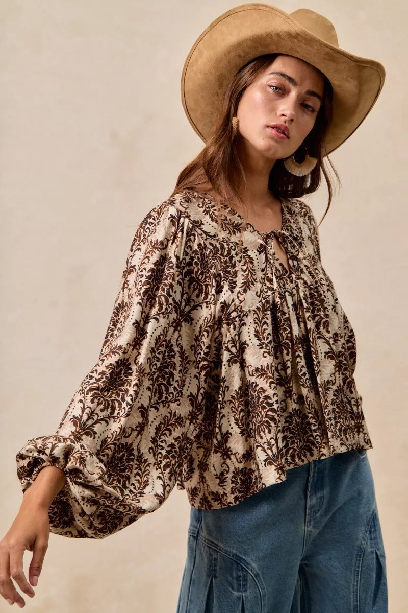 BiBi Printed Woven Front Tied Blouse with Baloon Sleeve OutfitFlow