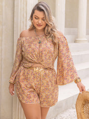 Outfit Flow - Plus Size Printed Off-Shoulder Top and Shorts Set