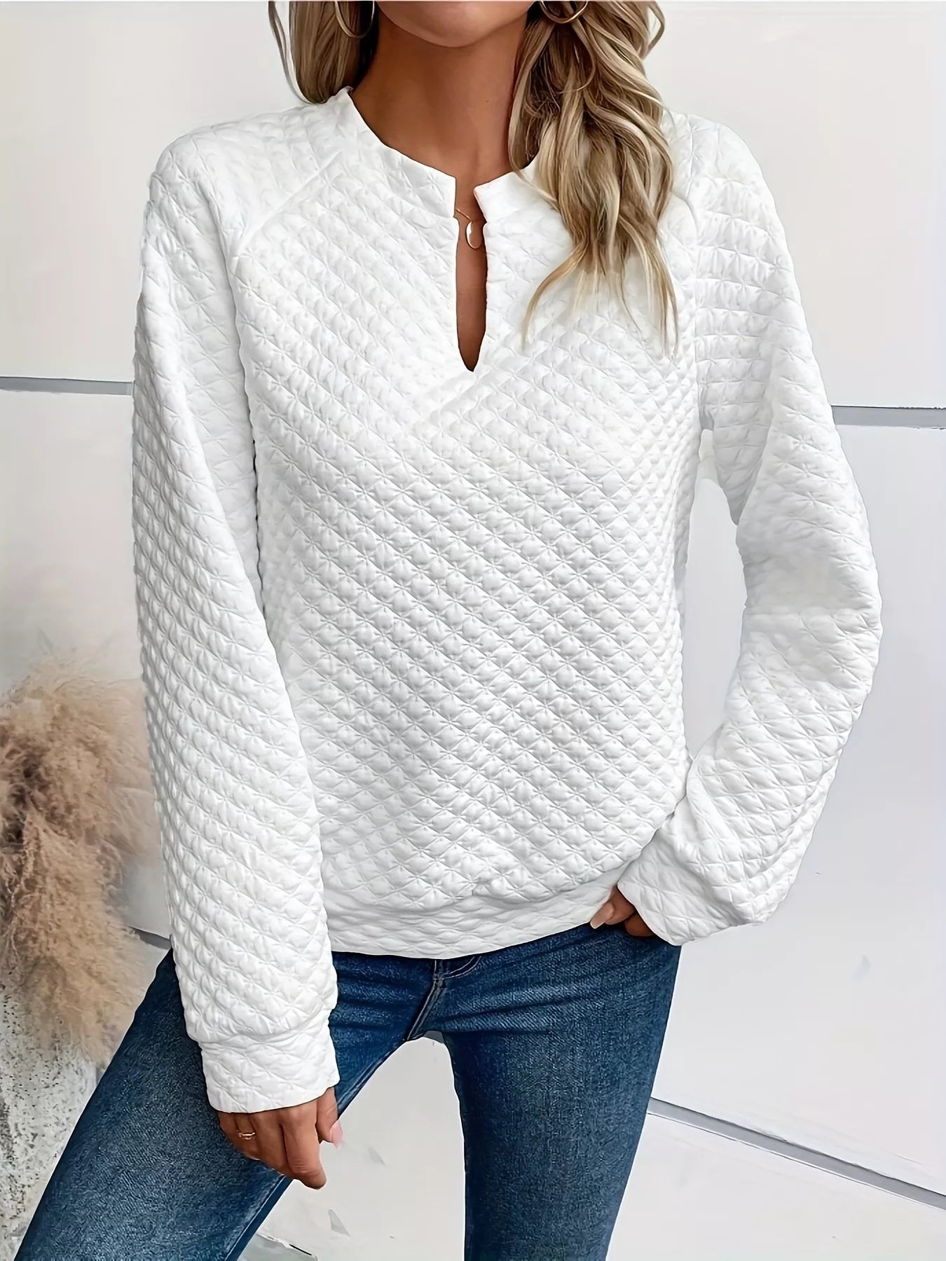 Textured Long Sleeve Notched Sweatshirt OutfitFlow