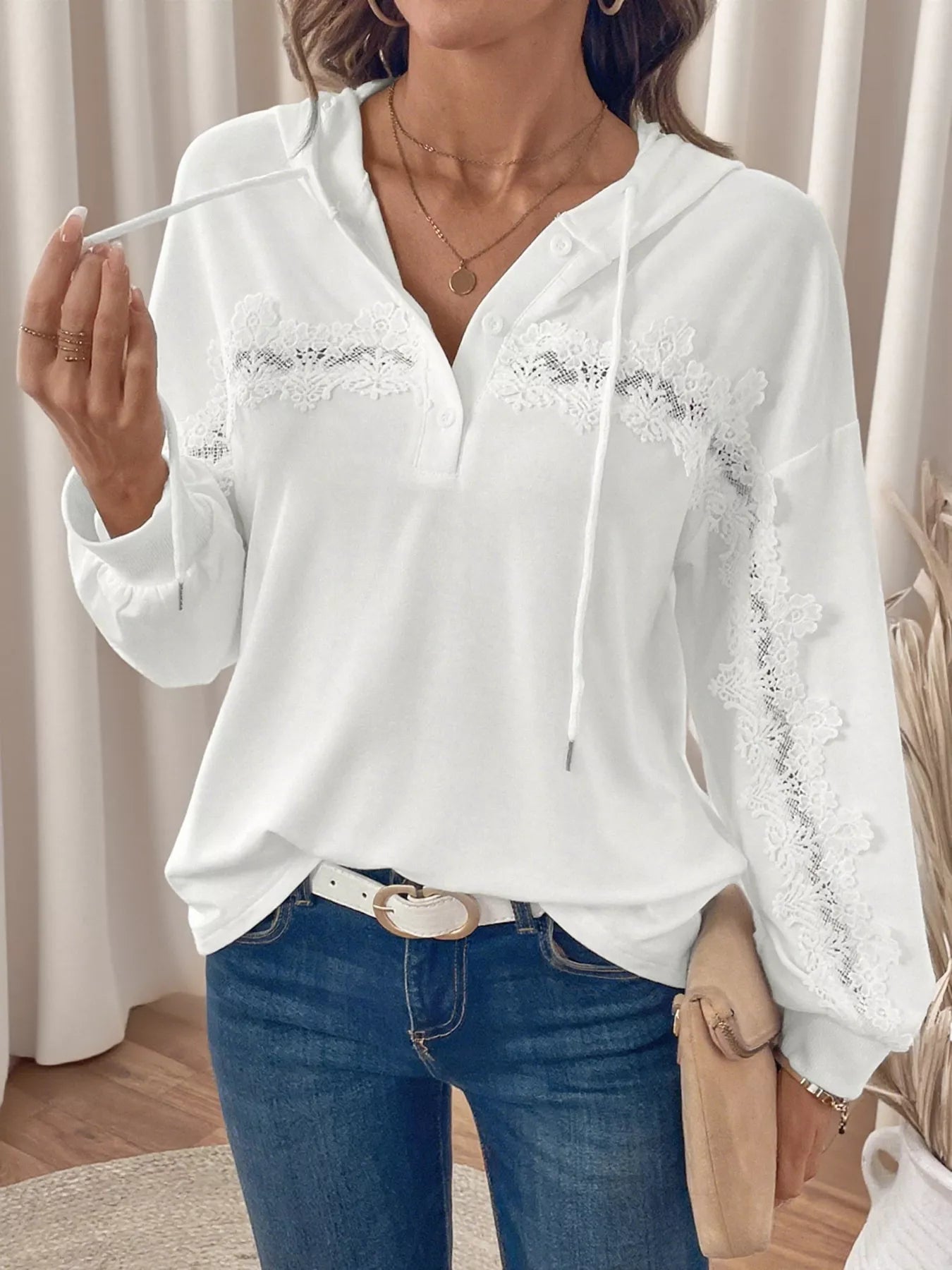 Lace Detail Long Sleeve Drawstring Hoodie OutfitFlow