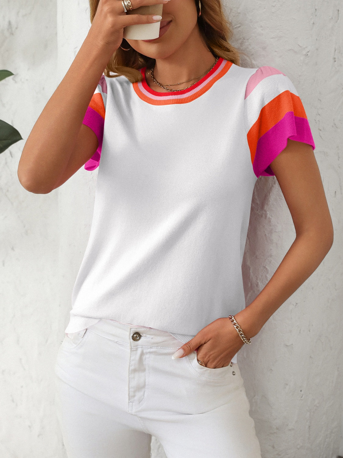 Outfit Flow - Mandy Contrast Round Neck Short Sleeve Knit Top