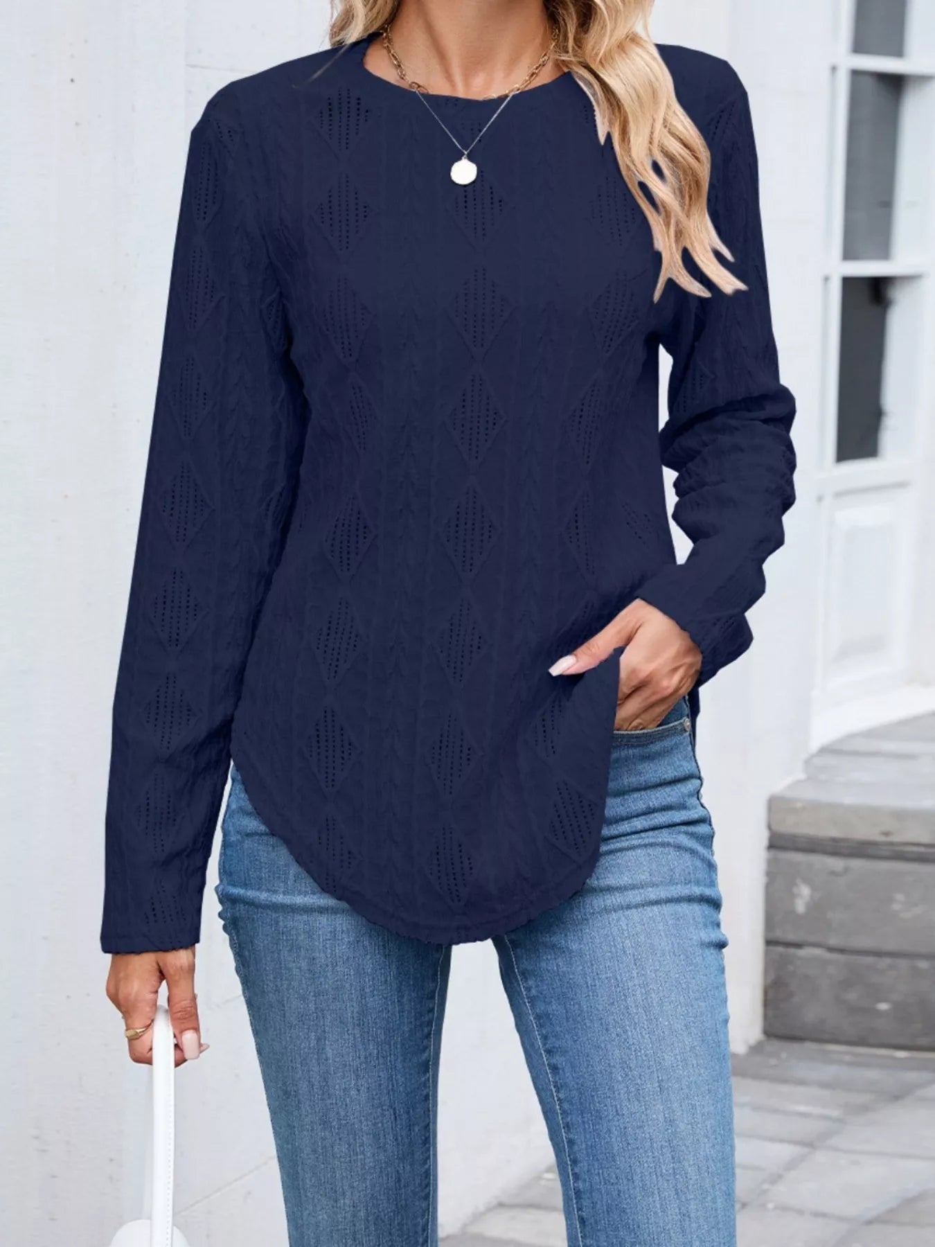 Diamond Pattern Knit Long Sleeve T-Shirt Trendsi