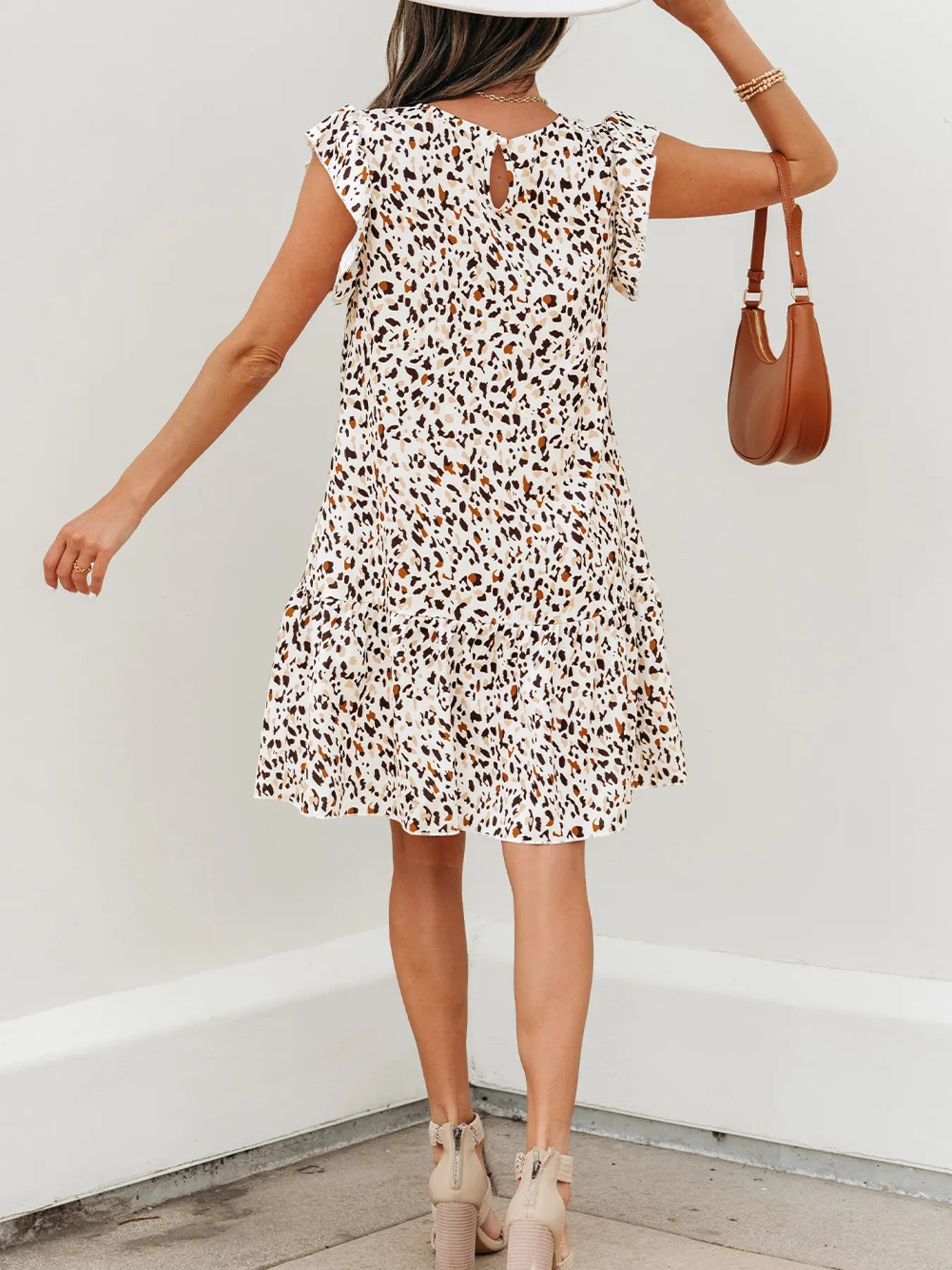 Leopard Ruffled Flutter Sleeve Keyhole Back Mini Dress OutfitFlow