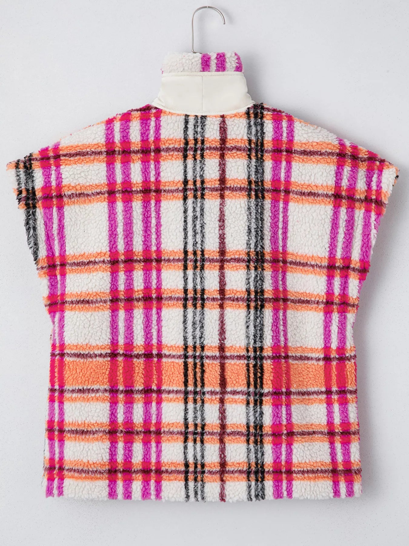 Sherpa Plaid Snap Down Vest Coat Trendsi