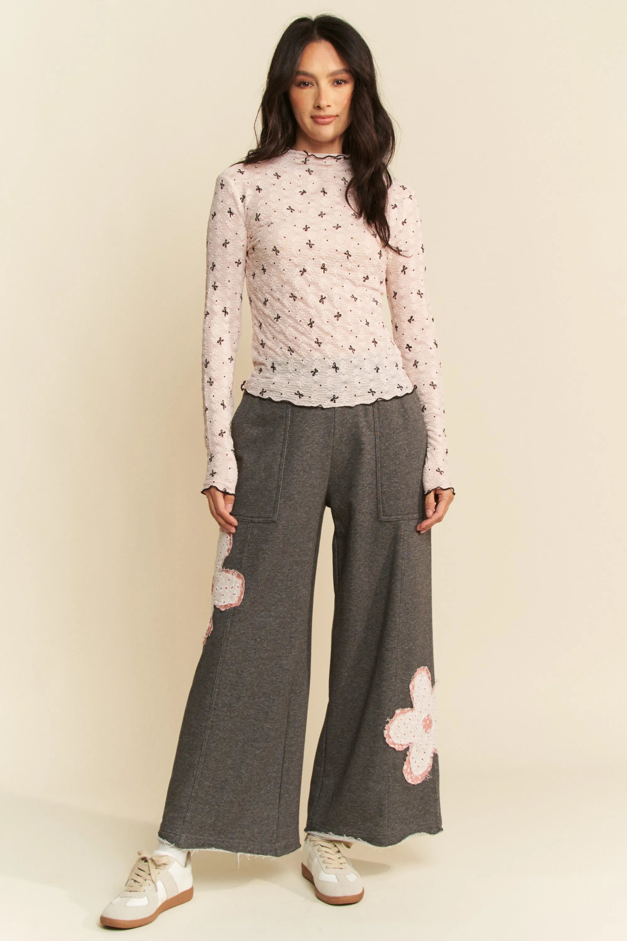 Davi & Dani Ribbon Bow Lace Hem Long Sleeve Mesh Layering Top OutfitFlow