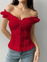 Frill Ruched Cap Sleeve Blouse OutfitFlow