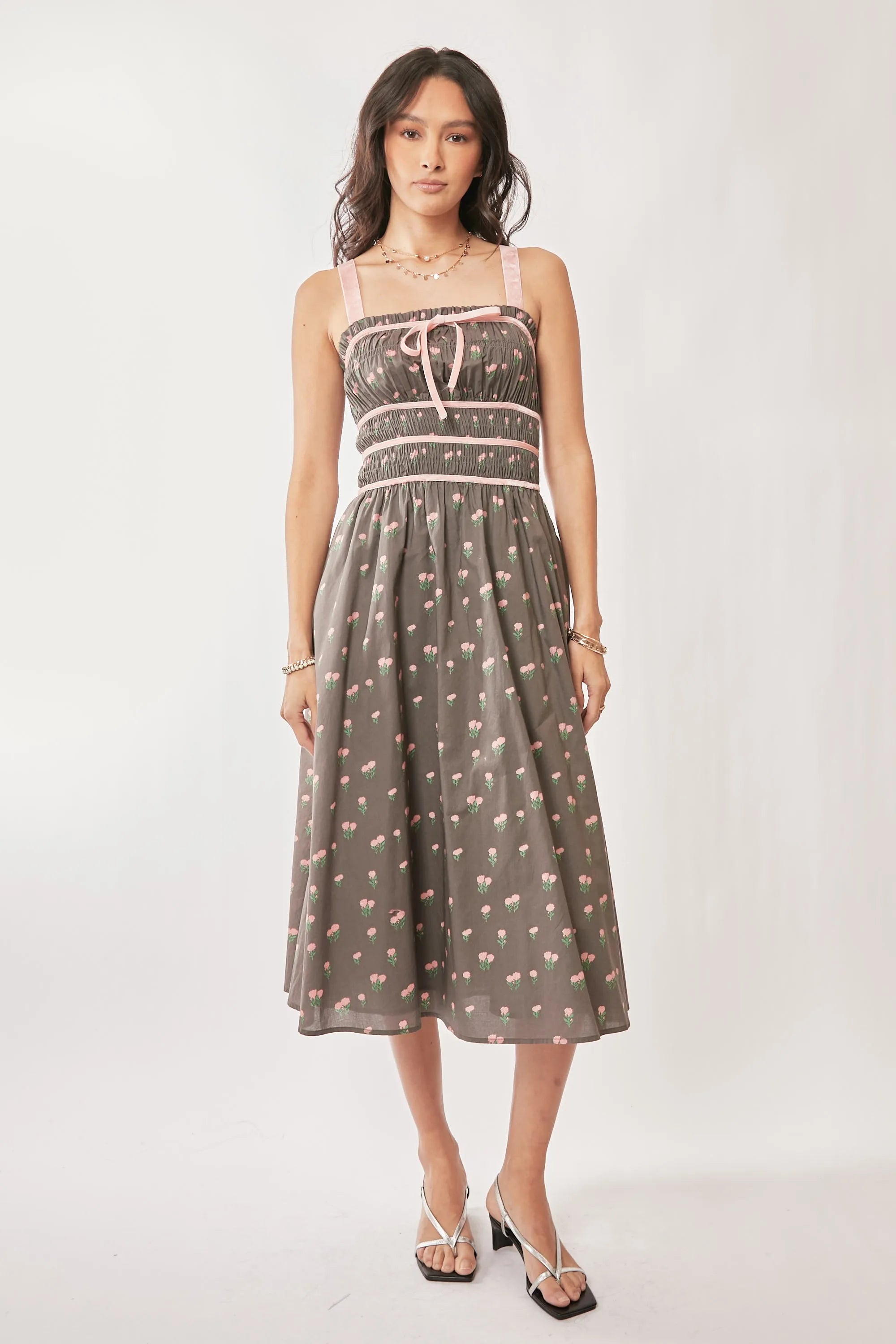 Davi & Dani Contrast Velvet Tape Smocking Bodice Midi Dress OutfitFlow