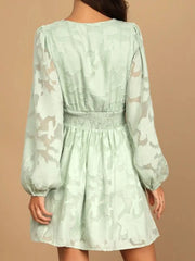 Smocked V-Neck Balloon Sleeve Dress OutfitFlow