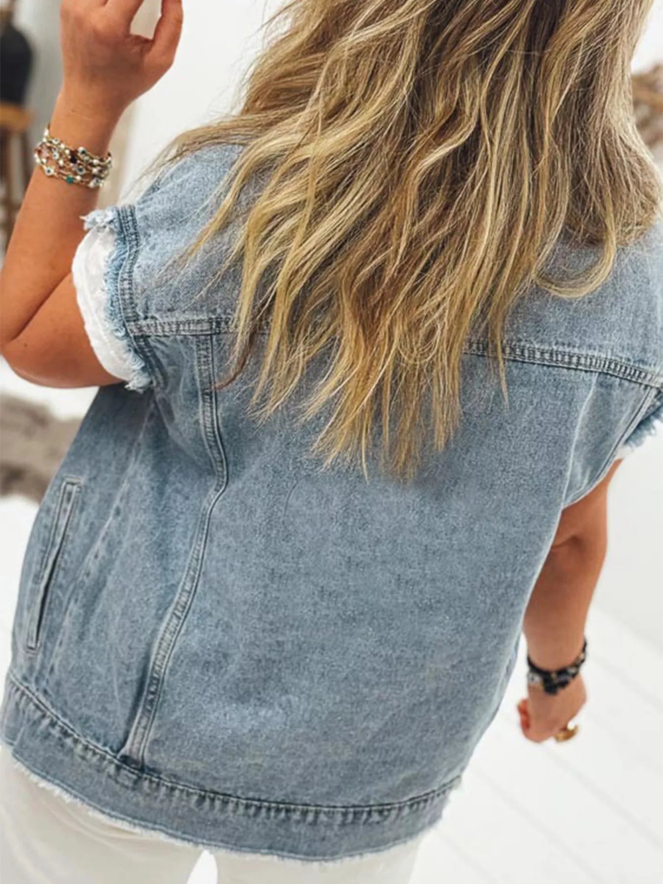 Button Flap Pocket Frayed Detail Denim Vest OutfitFlow